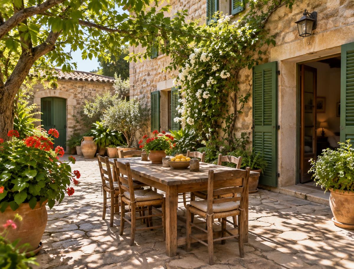 Sonniger Innenhof einer mallorquinischen Finca mit Holztisch und Geranien