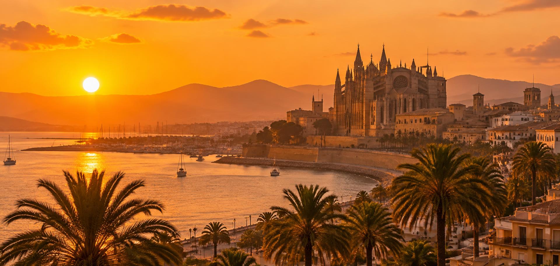 Sonnenuntergang über der Bucht von Palma mit der Kathedrale